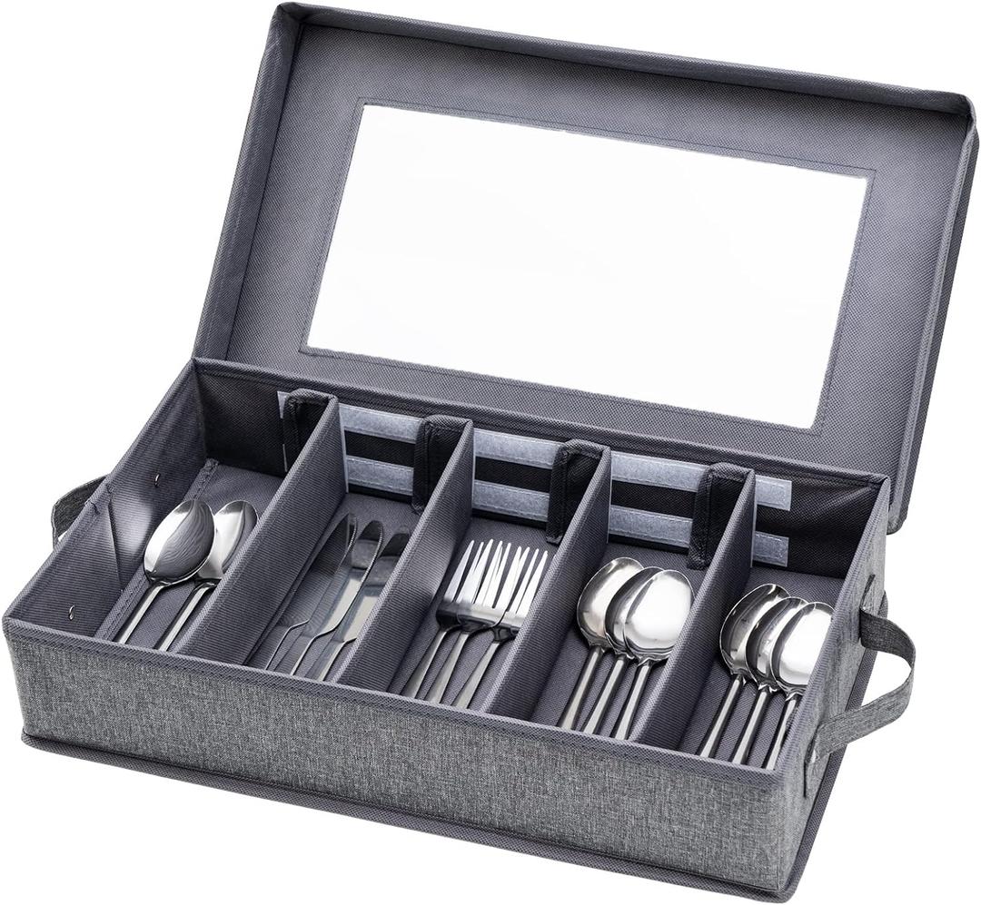 Silverware Storage Box, Flatware Storage, Utensil Storage with Removable Lid and Adjustable Dividers for Organizer Utensils, Cutlery, Flatware, Knives, Large Capacity Gray