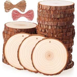 Fuyit Natural Wood Slices, 30 Pcs 3.5-4 Inch Unfinished Predrilled Wooden Circles Tree Slice with Hole & Barks for DIY Arts Craft Christmas Ornaments