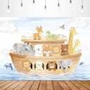 Glawry Noah's Ark Baby Shower Backdrop for Photography 7Wx5H Feet Cute Cartoon Woodland Animals Blue Ocean Lovely Clouds Newborn Kids Party Decorations Photoshoot Background Photo Booth Studio