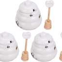 Amosfun Ceramic Honey Pot with Wooden Dipper and Lid 2.75 Inch Bee Pattern Honey Jar Set of 3 for Kitchen Table Home Use and Gift