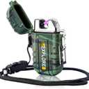 LcFun Waterproof Electric Dual Arc Lighter USB Rechargeable Outdoor Windproof Flameless Plasma Lighters for Camping, Hiking, Adventure, Survival Tactical Gear Stocking Stuffers Gifts for Men (Green Camouflage (Without Whistle))