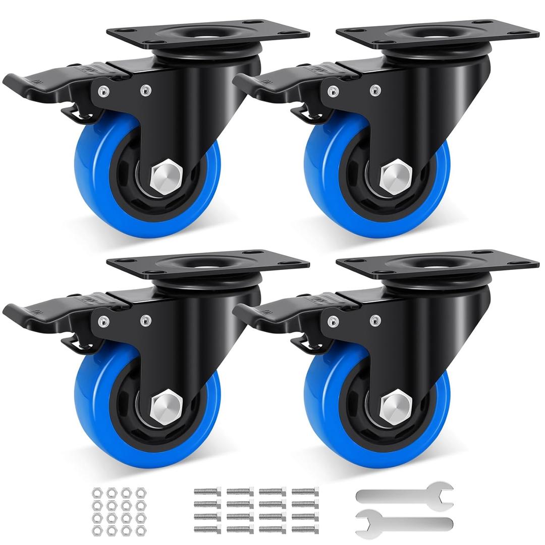 Casters Wheel 3 Inch Set of 4, 1200 Lbs Heavy Duty Casters, Safety Dual Locking Industrial Swivel Top Plate Casters Wheels for Furniture and Workbench Cart(2 Spanners and Free Screws)