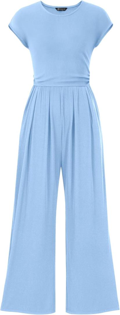 PRETTYGARDEN Summer Jumpsuits for Women Dressy 2026 Ribbed Cap Sleeve Wide Leg Pants Rompers Elegant Casual One Piece Outfits (Medium, Light Blue)