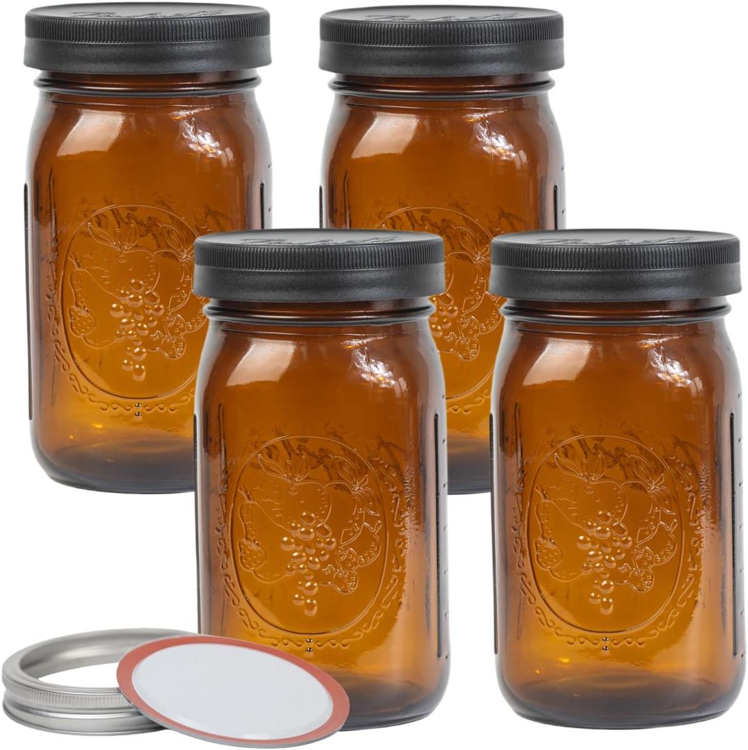 4 Pack 32 oz Amber Wide Mouth Mason Jars with Airtight Lids and Black Plastic Mason Jar Lids, Amber Canning Jars