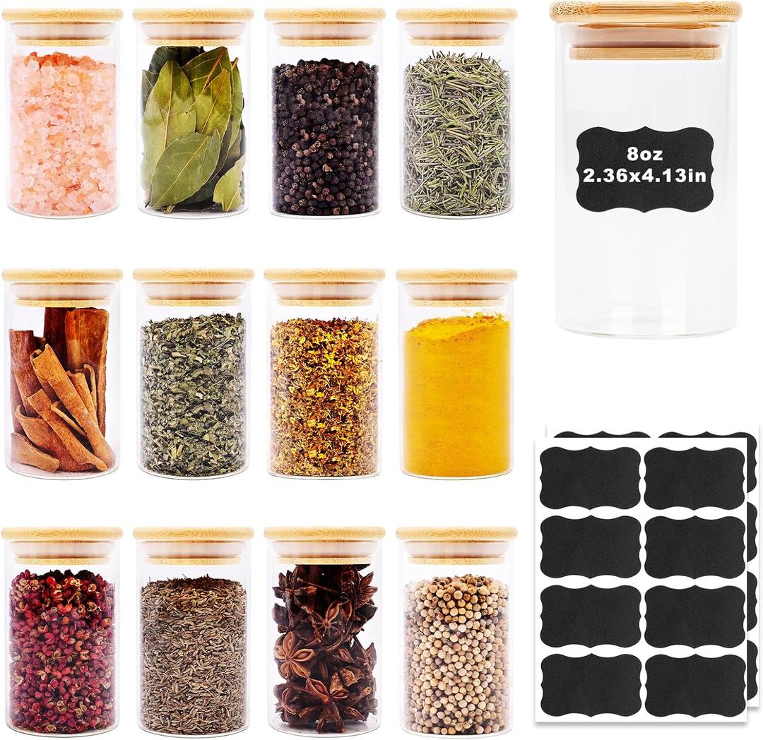 SHOWIN 8oz Glass Food Storage Jars, Glass Jars with Bamboo Lids, Kitchen Storage Jars, Set of 12, Canisters with Airtight Lids for Spice, Coffee, Cookie, Pantry Organizers, 8oz12pc