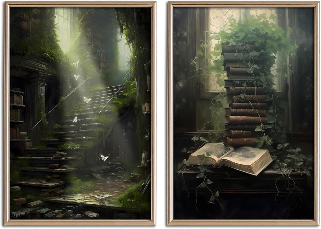 2Pcs Dark Academia Wall Art Vintage Moody Book Green Botanical Cottagecore Posters Prints Victorian Gothic Aesthetic Gallery Library Room Decor Pictures Unframed 12x16in