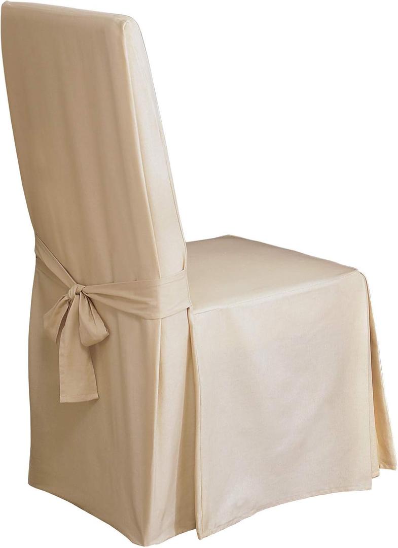 SureFit Home Dcor Duck Solid Long Full Length Dining Room Chair One Piece Slipcover, Relaxed Fit, 100% Cotton, Machine Washable, Natural Color