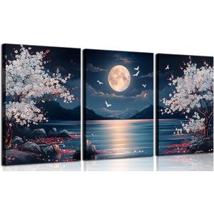 3Pcs Cherry Blossom Moon Lake Canvas Wall Art Nature Landscape Wall Decor Pictures Japanese Aesthetics Floral Posters Prints for Home Office Living Room Decoration 12x16in