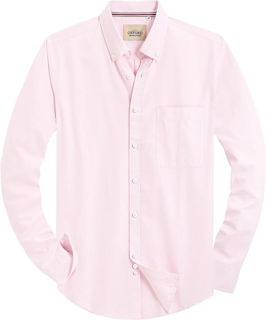 Alimens & Gentle Mens Solid Oxford Shirt Long Sleeve Dress Shirt Work Casual Button Down Shirts with Pocket (Pink, M)