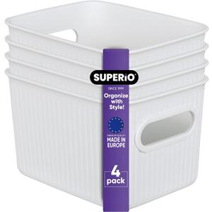 Superio Ribbed Collection - Decorative Plastic Open Home Storage Bins Organizer Baskets, Small White (4 Pack) Container Boxes for Organizing Closet Shelves Drawer Shelf 1.5 Liter (1.5 Liter (4 Pack))