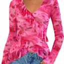 ZESICA Women's Long Sleeve Floral Shirts V Neck Going Out Ruffle Tops Blouses 2026 Fall Fashion Clothes Outfits (Large, Pink)