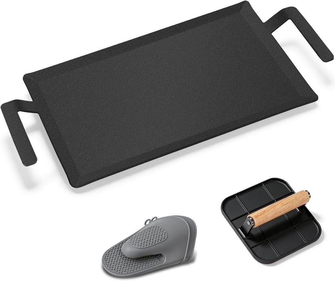 Premium Carbon Steel Griddle Comes with Grill Press, Large Non-Toxic Stovetop Flat Top Pan for Gas, Electric Range, Induction, Grill & Campfire, Pre-seasoned Nitride Coating, Oven Safe to 1200F
