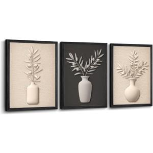 LevvArts Neutral Beige and Black Bathroom Decor Olive Leaf Art Prints Modern Minimalist Style Bedroom Decor 3-Piece Framed Canvas Art Set