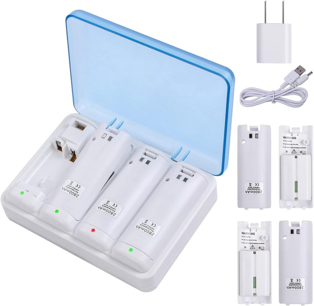 Upgraded Wii Remote Battery Charger Station, Covanm 4 Port Wii Controller Rechargeable Battery Pack with 4 Rechargeable Batteries for Wii (White)