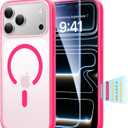 3 in 1 Magnetic Shockproof for iPhone 17 Pro Max Case, [Fit for MagSafe] [TOP Military Protection] 1X Screen Protector+1X Wrist Strap, Camera Control Cover for iPhone 17 ProMax Translucent Hot Pink