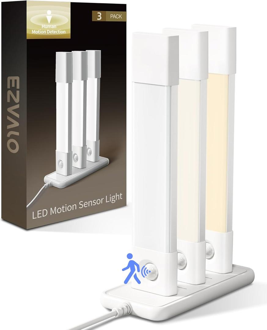 EZVALO 3 Pack Led Under Cabinet Lights Wireless with Charging Station, 7 Rechargeable Motion Sensor Light Indoor,3 Color Temperatures&Dimmable Closet Lights for Cabinets, Bookshelf, Stair, Hallway