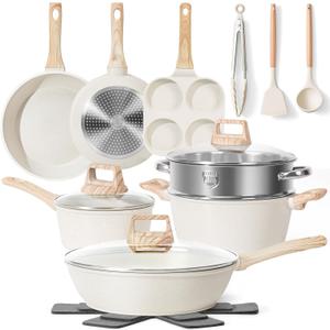 17 Pcs Pots and Pans Set Non stickCookware Sets White Granite Induction Cookware, Non-toxic Healthy Non Stick Kitchen Cooking Set with Frying Pans Set, Saucepans (PFAS, PFOA, PFOS Free) White