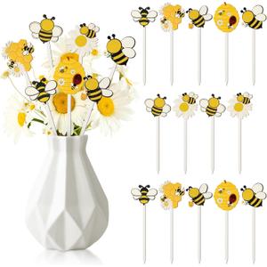 TICIAGA Bee Double-Sided Wooden Picks - 28PCS Cute Summer Honeybee Wooden Decorative Pick for Home Vase Filler Colorful Wood Bee Nectar Decorative Pick for Farmhouse Decor Summer Decorations for Table