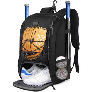 MATEIN Baseball Backpack, Softball Bat Bag with Shoes Compartment for Youth, Boys and Adult, Lightweight Baseball Bag with Fence Hook Hold TBall Bat, Batting Mitten, Helmet, Caps, Teeball Gear (29L, Black)