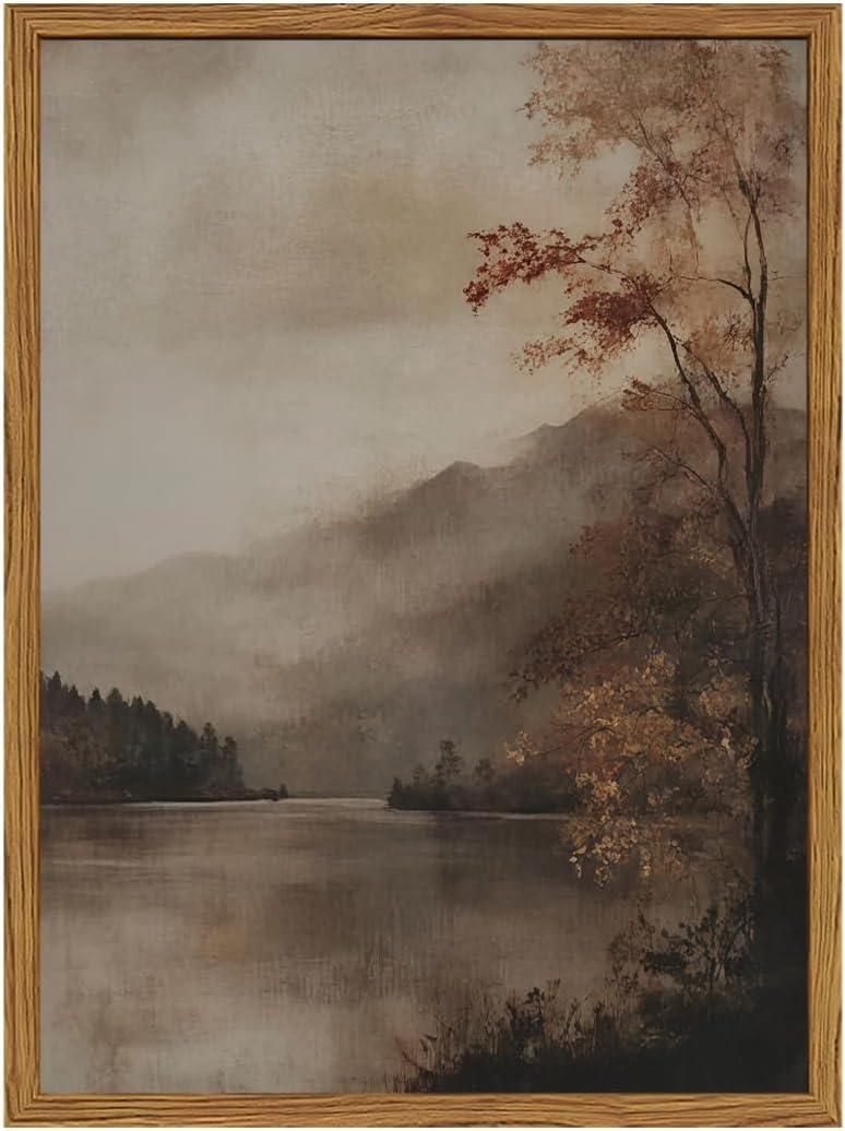 Vintage Landscape Wall Art Moody Lake Wall Decor Painting, Rustic Farmhouse Poster Canvas Prints Nature Autumn Artwork for Bedroom Living Room Farmhouse 16x24 inch Wood Framed