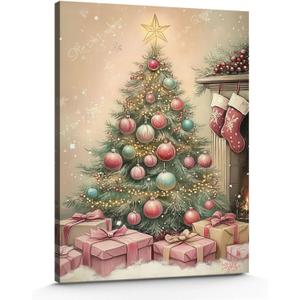 GSPQAZ Christmas Tree Wall Art - Festive Holiday Canvas Print for Vintage Christmas Decor 16x24inch-Unframed