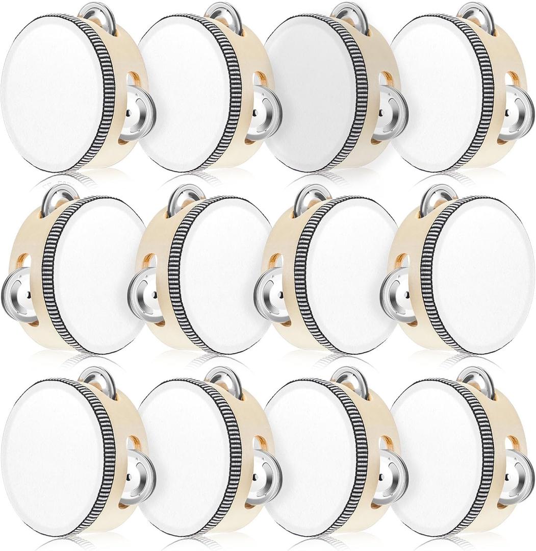 12 Pcs Tambourine Drum Bulk for Adults Hand Held Percussion Gift Operation Christmas Bulk Items Wood Metal Jingles Musical Educational Drum Instrument for Church Wedding Party Games(White) (4 Inch)