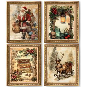 XUNLURY Vintage Christmas Wall Art Prints Unframed Set of 4, Rustic Christmas Wall Decor, Retro Xmas Santa Reindeer Luggage Journal Artwork Pictures for Home Living Room Bedroom, 8x10