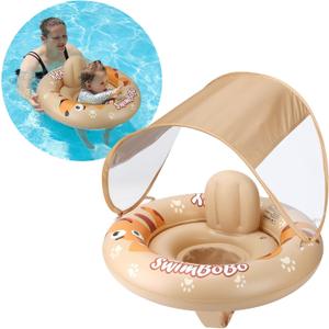 Swimbobo Inflatable Baby Swimming Float with Safe Seat and Canopy for Age 6-36 Months Toddler (Beige Dog)
