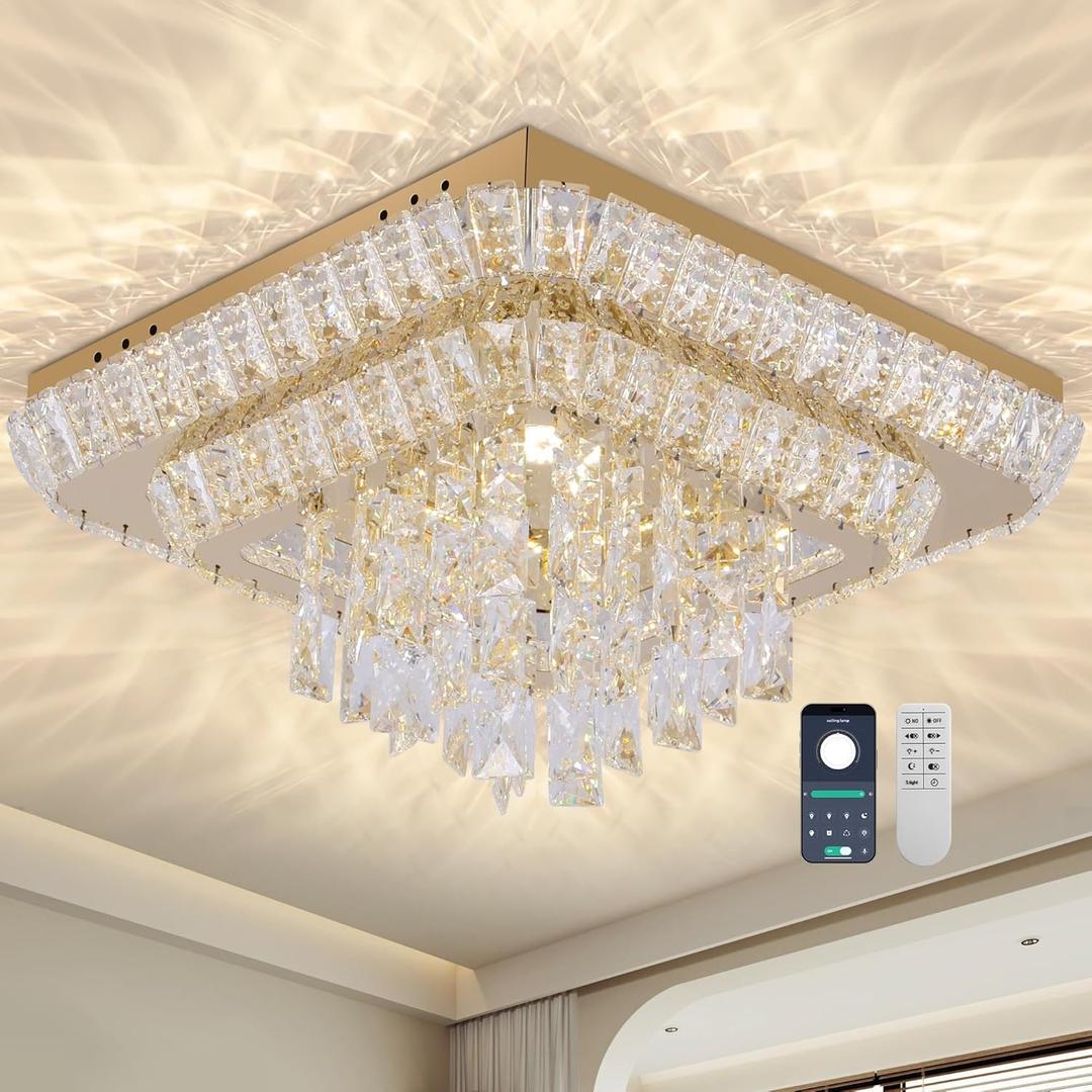 COCOSTAR Crystal Chandeliers, Modern Led Luxury Chandelier, 25" Suqare Flush Mount Chandelier Ceiling Light, Chandeliers for Dining Room, Living Room, Bedroom, Gold