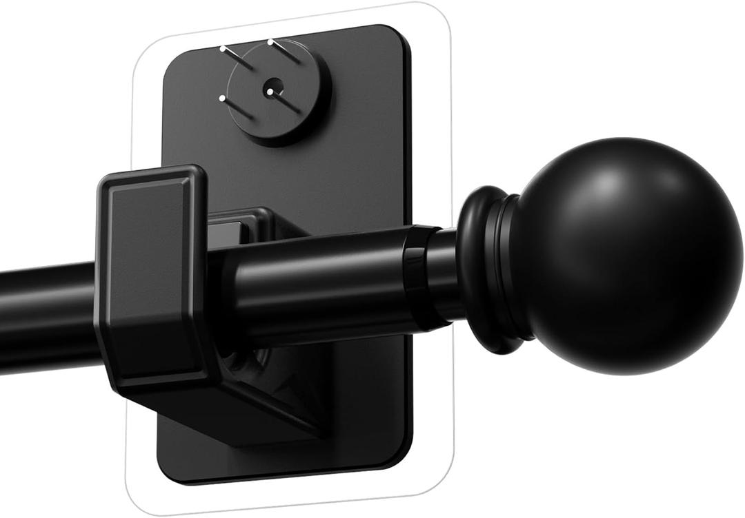 No-Drill Curtain Rod with Adhesive & Pin-Nail Mount System - Renter Friendly & Minimal Wall Damage, 5/8" Diameter Black Adjustable Rod for Windows 48 to 84 Inch