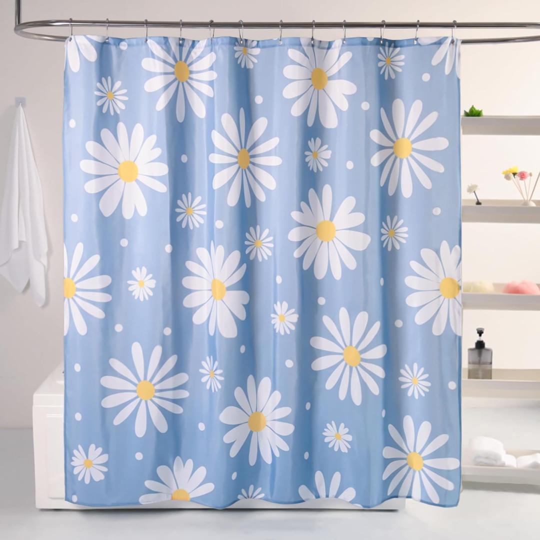 QJHOMO Blue Floral Shower Curtain Set Cute Daisy Bathroom Curtain, Washable Waterproof Fabric Small Stall Shower Curtains with 6 Hooks, Modern Aesthetic Decor Colorful Flower Shower Curtain 36x72 inch