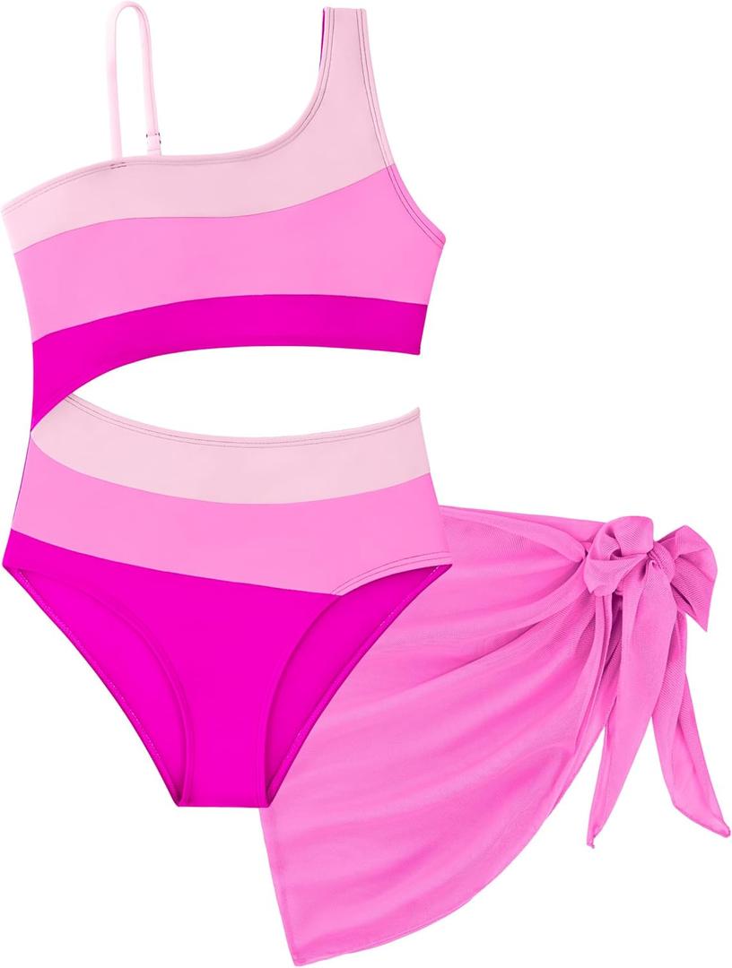 UIQUR Girls Swimsuit One Piece Bathing Suit with Mesh Cover Up Adjustable Straps Swimwear 7-16Y (13-14 Years, Pink)