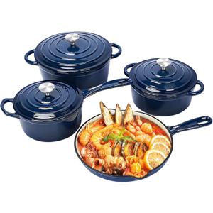 QuliMetal Nonstick Enameled Cast Iron Cookware Set, Frying Pan Skillet- 7-Pcs Pots and Pans with Lid, Healthy Round Dutch Oven Pot for Sourdough Bread Baking, Oven Safe up to 500 F or on All Stovetop