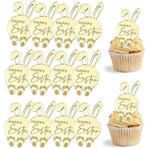 12 Pcs Happy Easter Bunny Cupcake Toppers, Acrylic Gold Rabbit Ears Mirror Disc Bunny Cake Toppers Cupcake Picks for Easter Theme Spring Party DIY Shower Party Decorations Supplies