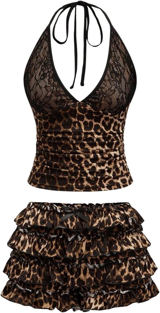 SweatyRocks Women's Y2K Skirts Sets Leopard Print Lace Halter Top and Layered Mini Skirt 2 Piece Outfit Brown, Small
