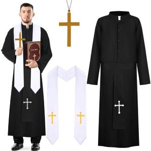 Halloween Priest Costume Include Priest Robe,Priest Stole and Cross Necklace for Men Exorcist Party Dress Up (Large)