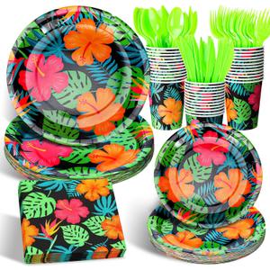Havawish 168 Pcs Tropical Nights Hawaiian Aloha Party Supplies 7 Inch 9 Inch Disposable Luau Paper Plates Cups Napkins Knife Fork Spoon Serve 24 Guests for Summer Beach Pool Dinnerware Decorations