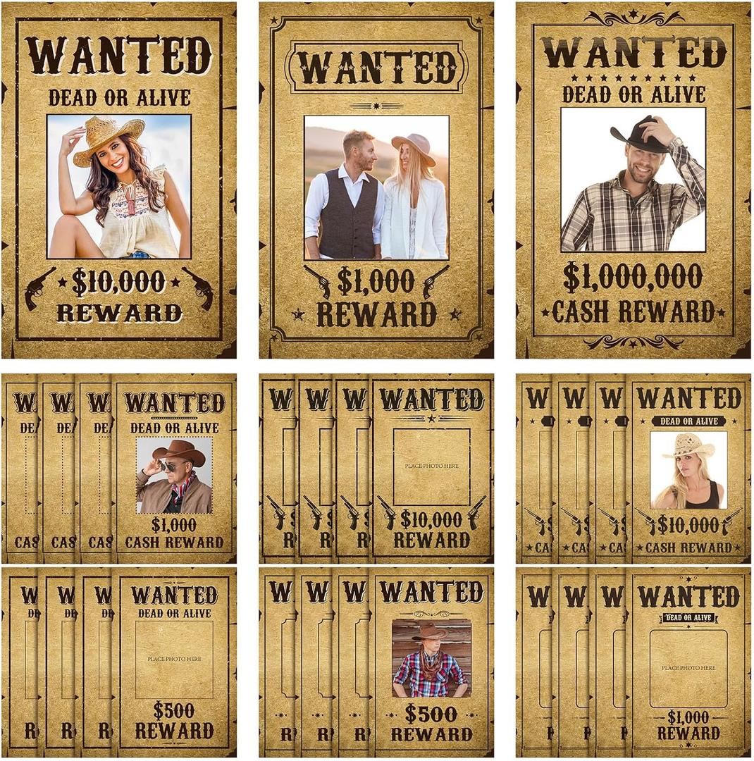 Gueevin 36 Pcs Western Wanted Photo Cutout Signs Cowboy Cowgirl Wanted Picture Cut Outs for Birthday Halloween Western Themed Party Supplies 4 x 6 Inch