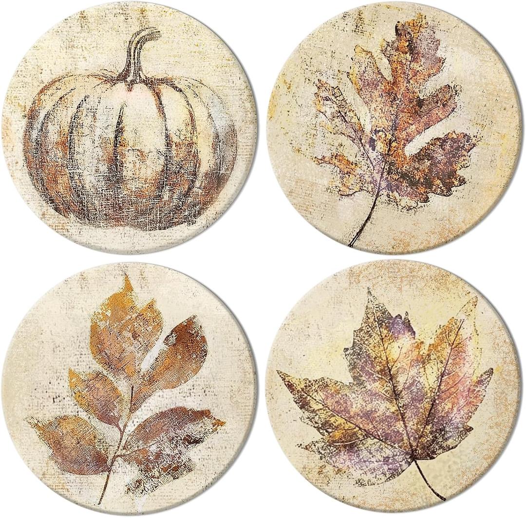 4Pcs Fall Thanksgiving Ceramic Coasters Vintage Pumpkin Maple Leaf Drink Coasters Autumn Absorbent Cup Mat for Mug Cup Home Kitchen Party Table Decor
