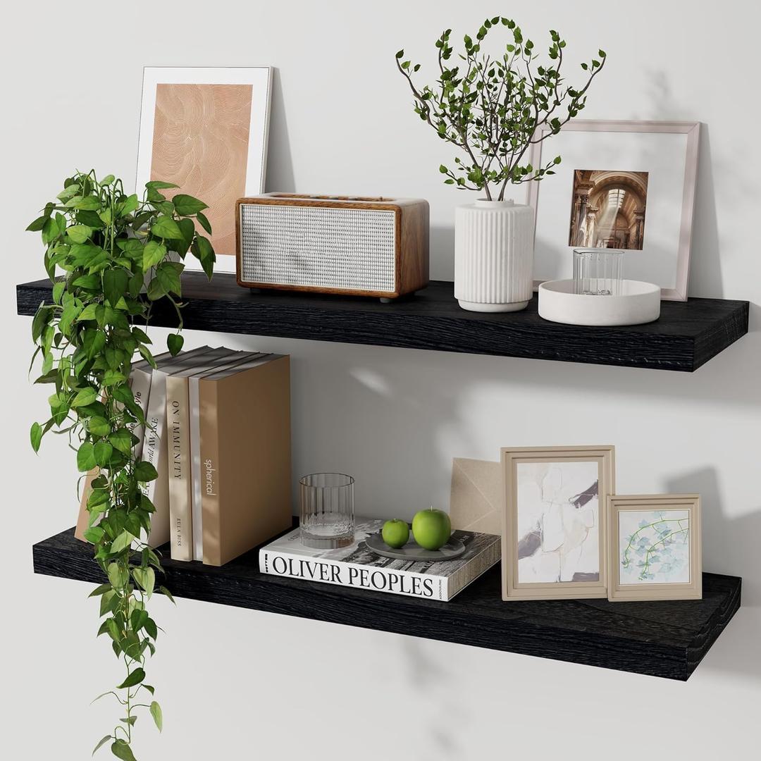 Marsmiles Wood Floating Shelves for Wall Set of 2, 24 Inch Wide Rustic Wooden Floating Shelves, Invisible Wall Mounted Display for Living Room Bedroom Kitchen Bathroom Office, Black