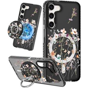 Samsung Galaxy S23 Case for Women - Girls Cute Design Compatible with Magsafe Magnetic Ring Holder Stand Foral Flower Phone Covers Aesthetic Girly TPU Funda for S23