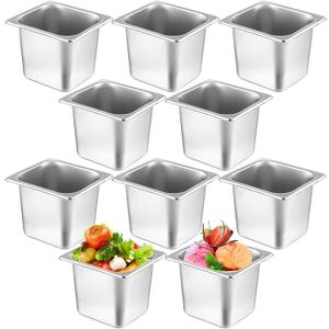 Thenshop 10 Pack 1/6 Size 6 Inch Deep Hotel Pans Stainless Steel Steam Table Food Pan Commercial Metal Food Catering Tray Anti Jam for Hotel Restaurant Buffet Party Supplies (Standard)