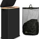 iEGrow 60L Slim Laundry Hamper, Narrow Laundry Basket with Lid,Foldable Clothes Hamper with Bamboo Handles,Hamper Basket with Removable Inner Bag for Laundry Room Bedroom College Dorm,Black