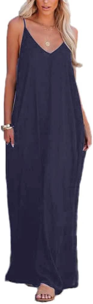 Poetsky Women's Casual Strappy V Neck Sleeveless Flowy Pockets Loose Long Maxi Beach Dress Sundress, 2XL
