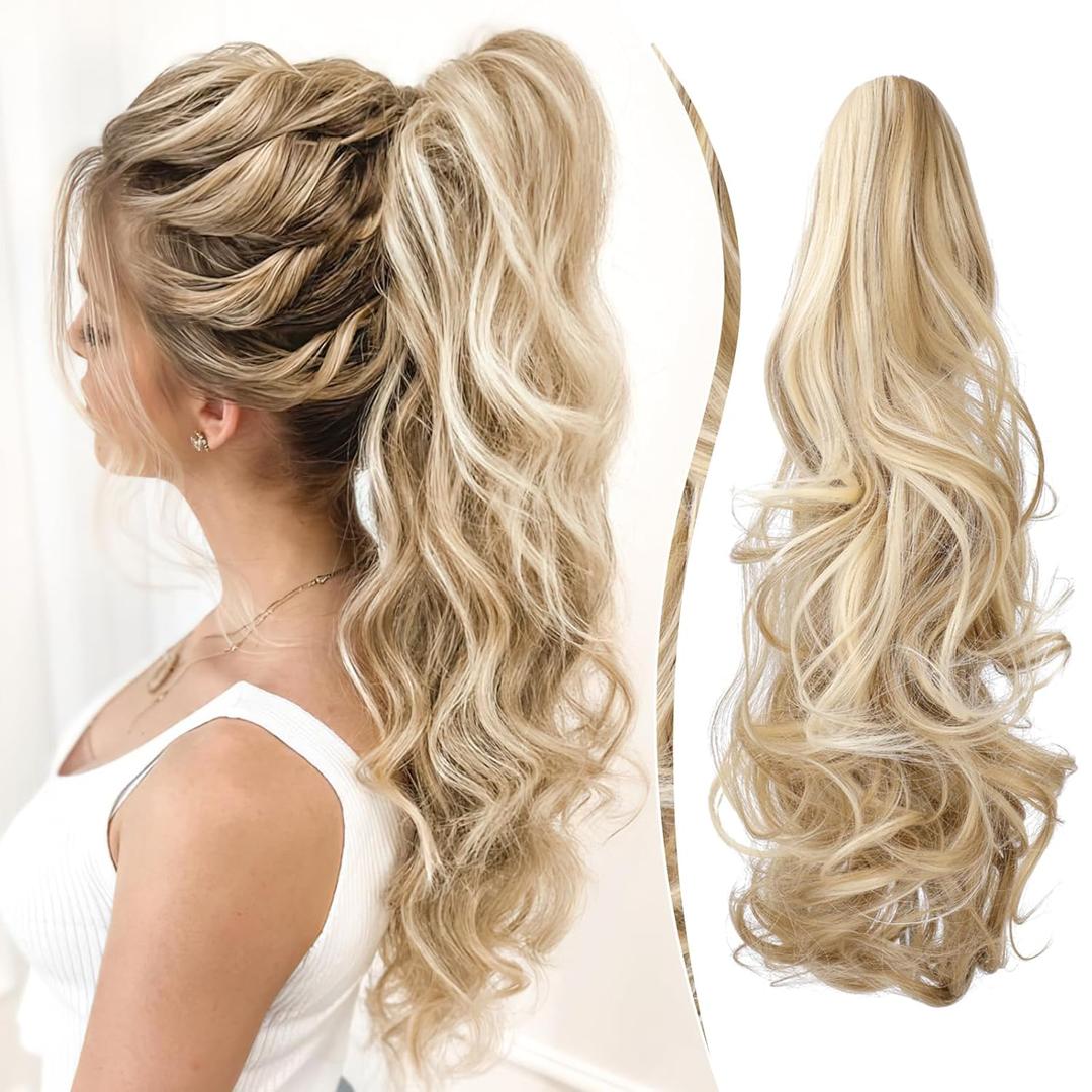 FELENDY Claw Ponytail Extension 18" Curly Wavy Clip in Long Pony Tails One Piece Jaw Hairpiece for Women Daily Use Ash Blonde Mix Light Bleach Blonde