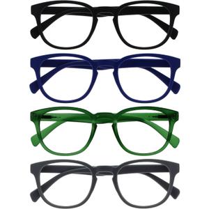 OPULIZE POP Reading Glasses for Women Men,Scratch Resistant Round Matt Frame with Spring Hinges, Black, Blue, Green, Grey +2.50 (Pack of 4)