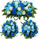 Artificial Cemetery Flowers Saddle Grave Memorial Rose Flowers with Vase for Cemetery Headstones Gravesites Decoration (White&Blue, 1 Saddle & 2Bouquets with Vase)