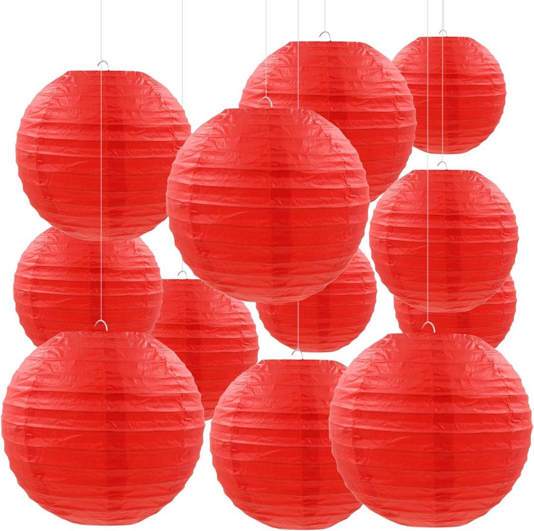 12 Pcs Red Paper Lanterns Round Hanging Party Decorations for Wedding Anniversary Birthday Christmas New Year Party Supplies