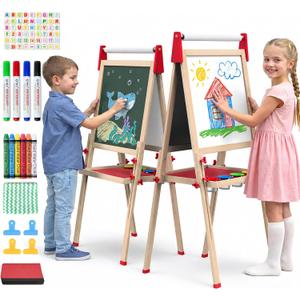 Kids Art Easel, Adjustable Wood Chalkboard, Easels for Toddlers | 3-in-1 Magnetic Whiteboard & Chalkboard, 38-51 in Adjustable Height, 17 in Paper Roll, Storage Trays, 54-Piece Math Set, Red, One Size
