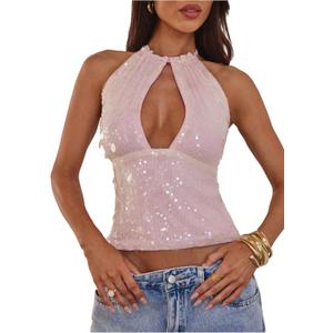 MakeMeChic Women's Sequin Open Back Halter Top Sparkly Cut Out Party Club Crop Tops (Pink, XS)